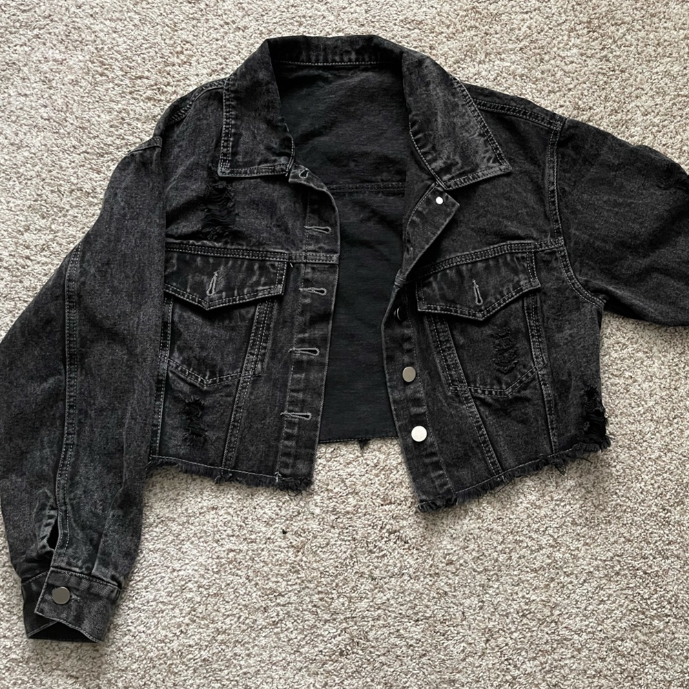 Dark Wash Ripped Cropped Denim Jacket - Size Small